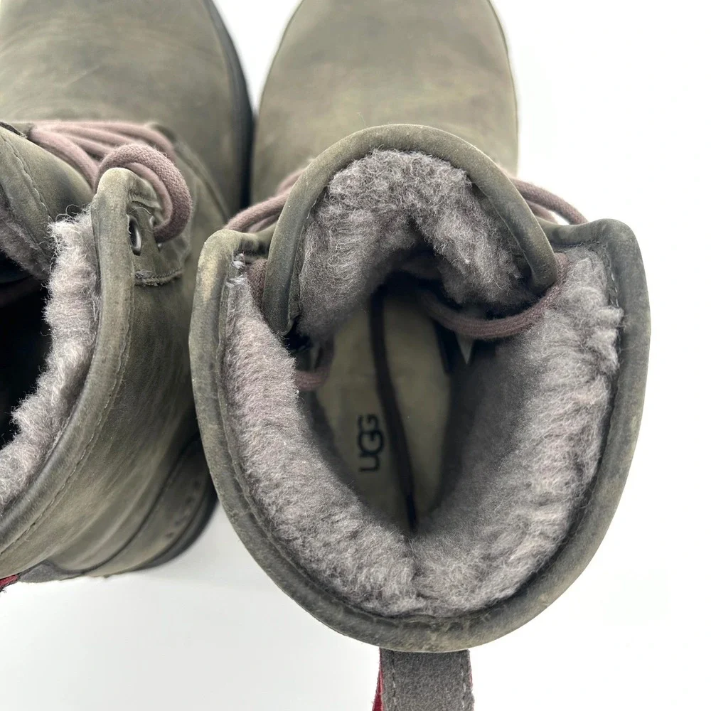 UGG Men's 7 Harkley Waterproof Leather Greenish‎ Gray Lace Up Boots Shearling